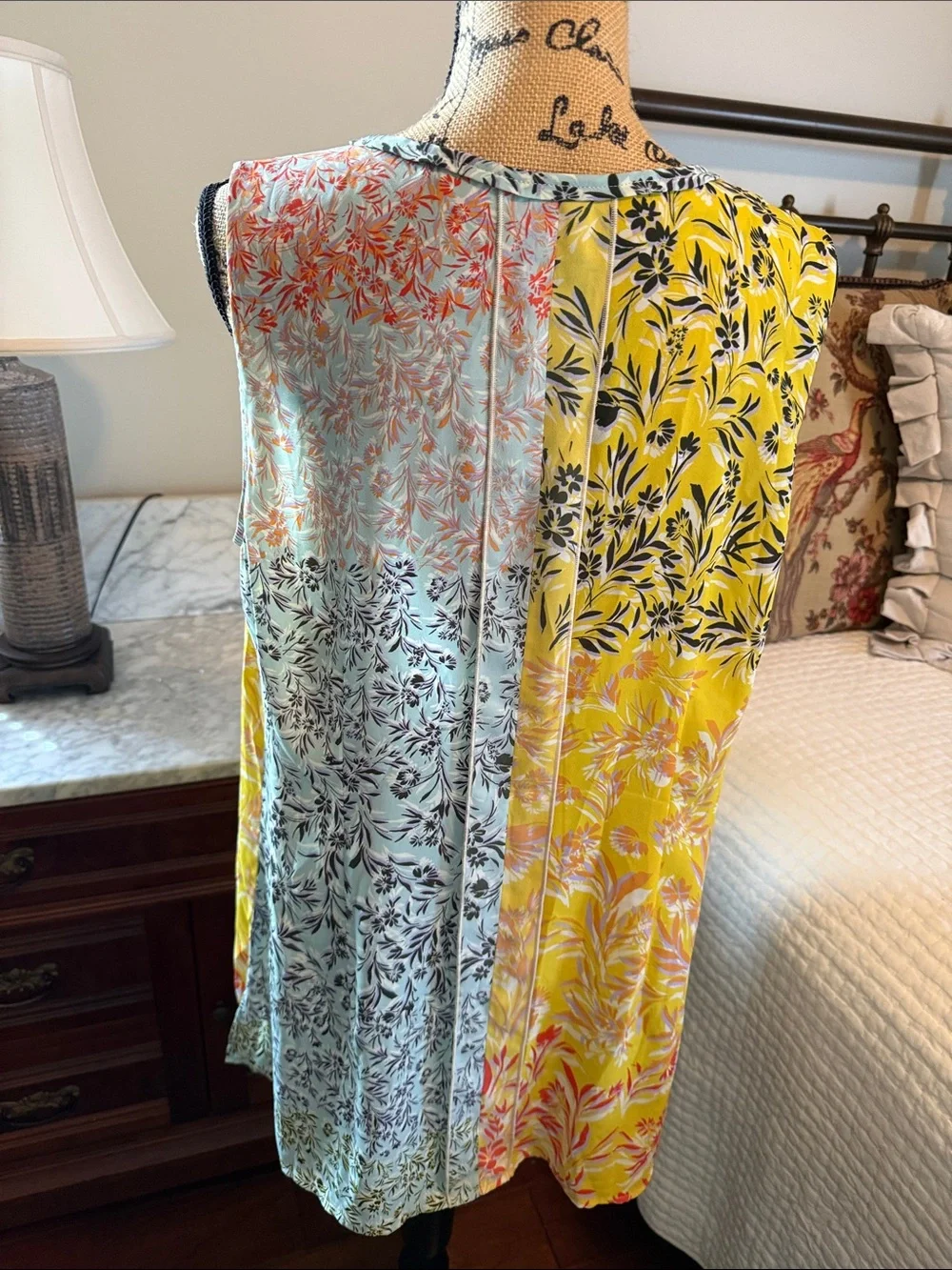 CAbi Split-Panel Floral Sleeveless Top in Yellow and Aqua - Picture 2 of 3